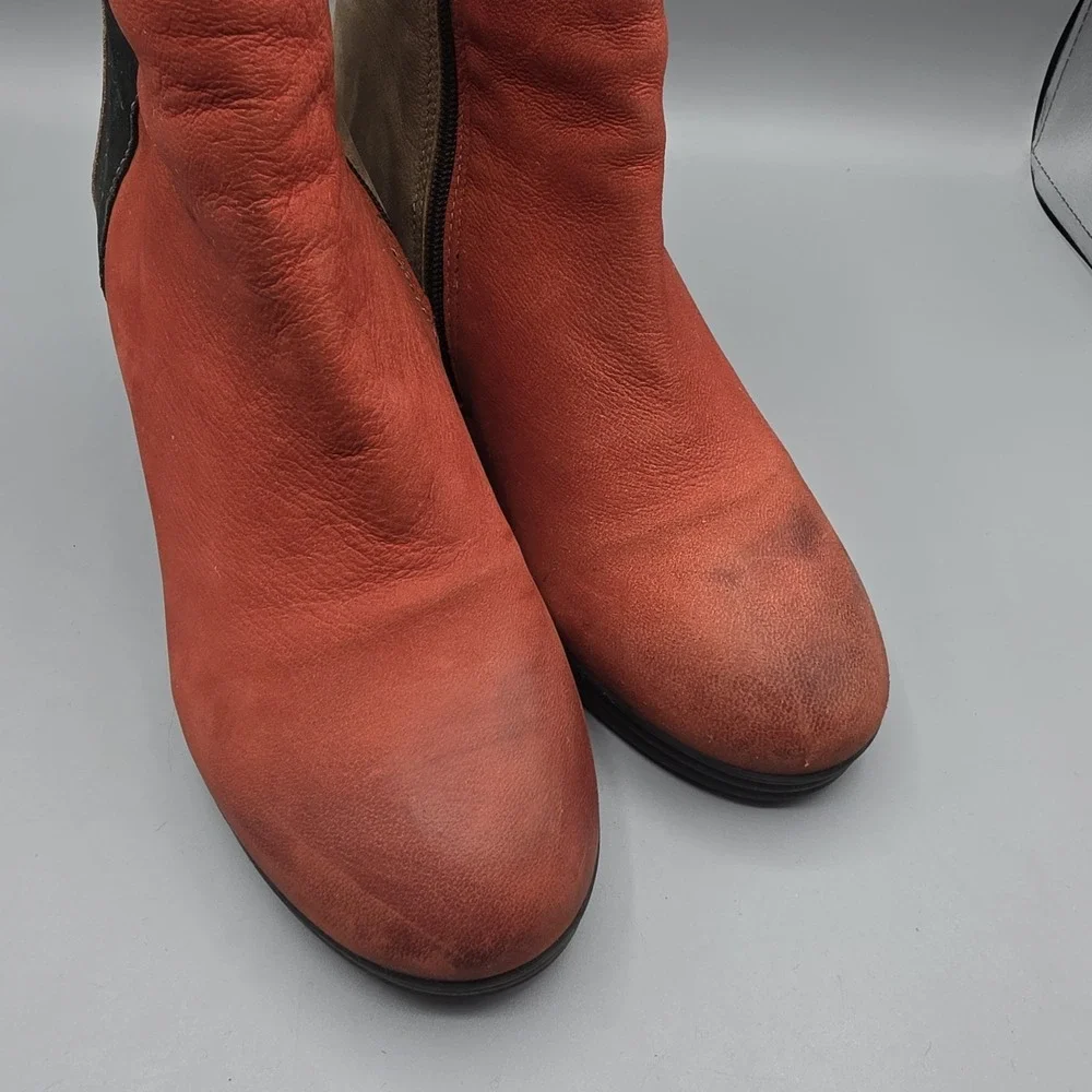 Fly London Booties Womens 39‎ Red Orange Brown Leather Distressed Wedge Zipper